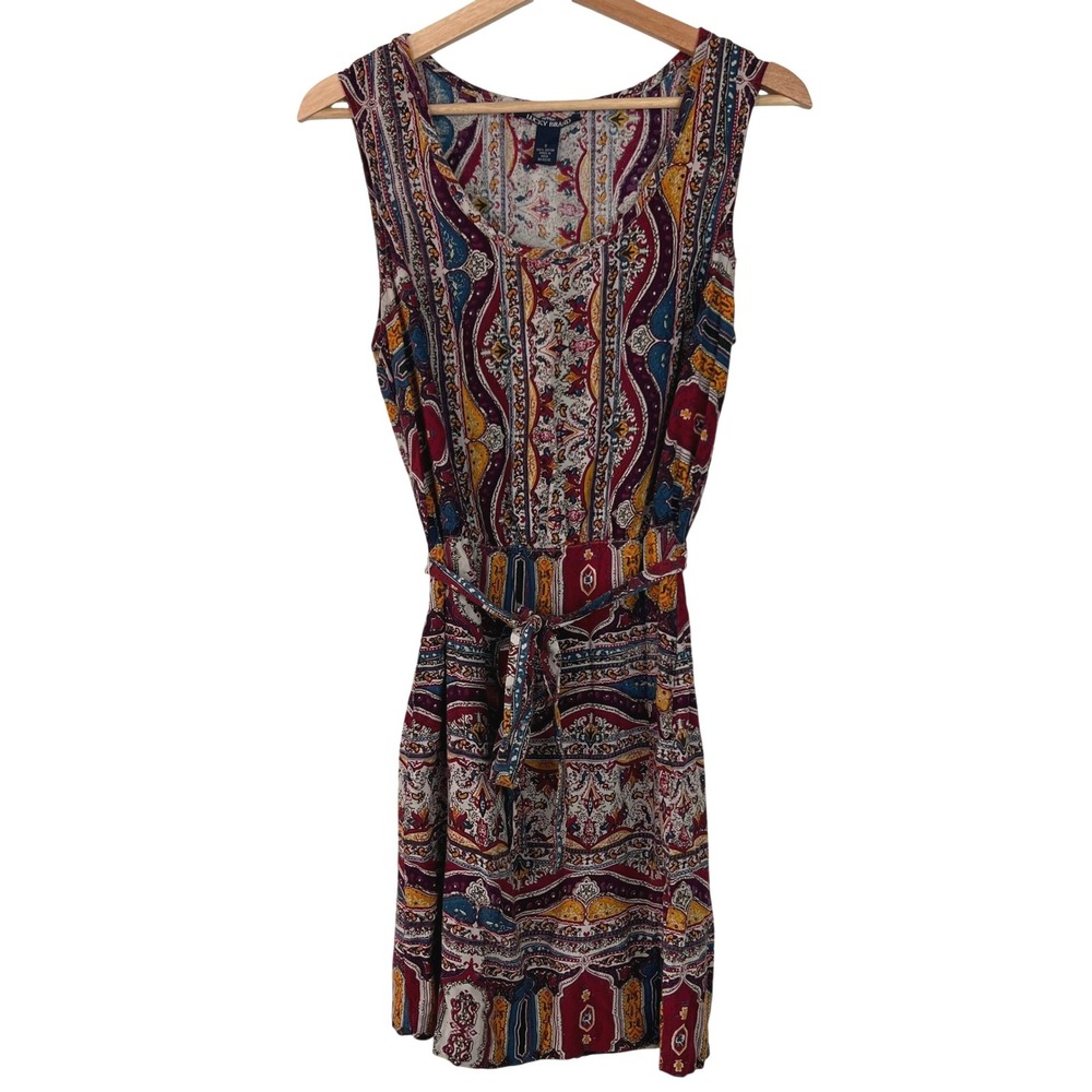 Lucky Brand Womens Small Boho Paisley Print Sleeveless Rayon Mini Dress Burgundy